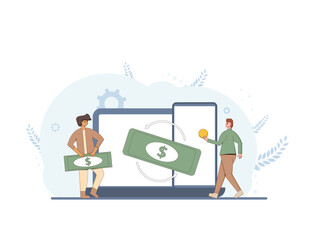 Currency exchange concept. Financial services. Cryptocurrency. digital money. Cash back.  Line art flat vector illustration. 