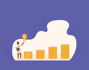 Business idea concept. Financial goal. Woman with bulb and coins stacks. Line art flat vector illustration. 