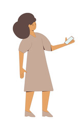 Young woman in dress standing with phone and reading message. Line art flat vector character isolated on white background. 