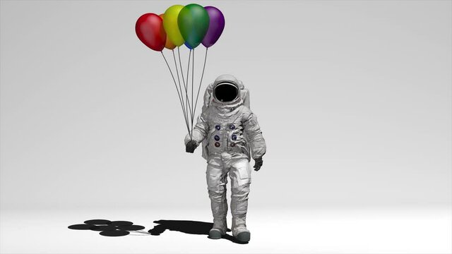Astronaut walking on a white background with colorful balloons. Birthday celebration on the moon. LGBT colors. Elements of this video furnished by NASA. 3d rendering. With alpha channel.