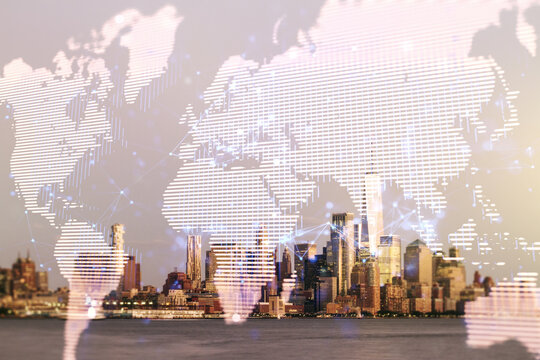 Double exposure of abstract digital world map on New York city skyscrapers background, research and strategy concept