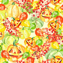 Orange pumpkin watercolor. Pumpkin for Halloween, for a holiday. Night party. Sinister pumpkin. physalis, autumn leaves. Berry, currant branch. Background for halloween. Watercolor seamless pattern