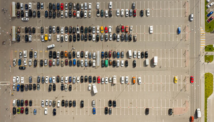 Parked cars in the Parking lot near the shopping center. Aerial view © videomaster