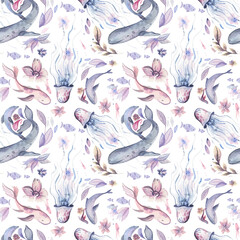 Seamless pattern with sea fish. Seamless pattern with sea inhabitants. Watercolor sea inhabitants on a white background, whale, dolphin, jellyfish, fish and sea flowers. Sea life pattern. 