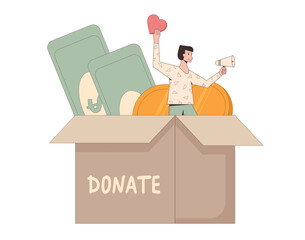 Donate concept. Donation box. Tiny man with money for charity. Line art flat vector illustration. 