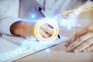 Businessman with hands background. Crypto currency concept.