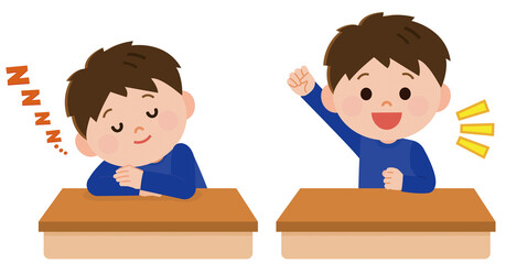 昼寝　パワーナップでスッキリ起きる小学生男子　イラスト
