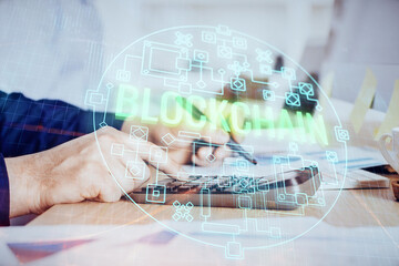 Businessman with hands background. Crypto currency concept.