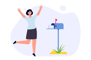 Happy woman is standing nearby mailbox and got letter. Vector illustration