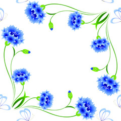 Blue cornflowers with butterflies on a white background, seamless pattern.