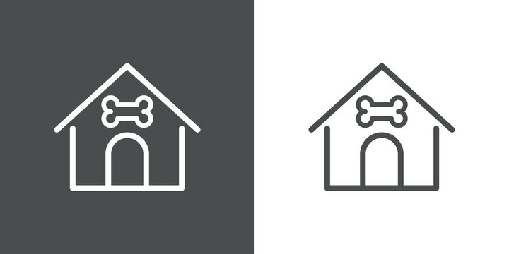 Concepto cuidado de mascotas. Icono plano lineal casa de perro con hueso en fondo gris y fondo blanco - Powered by Adobe