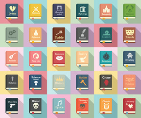 Literary genres icons set. Flat set of literary genres vector icons for web design