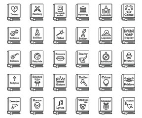 Literary genres book icons set. Outline set of literary genres book vector icons for web design isolated on white background