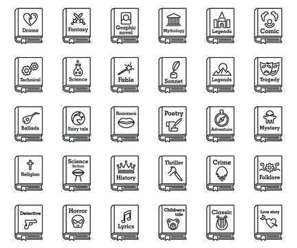 Literary genres book icons set. Outline set of literary genres book vector icons for web design isolated on white background
