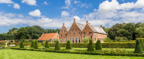 Panorama of the garden at the Menkemaborg mansion in Groningen, Netherlands - obrazy, fototapety, plakaty