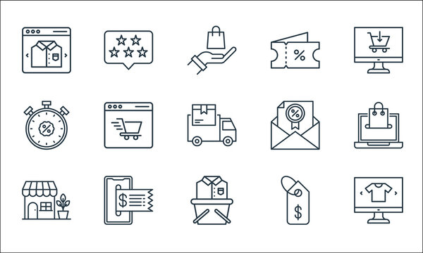 shopping ecommerce line icons. linear set. quality vector line set such as ecommerce, shopping basket, store, price tag, online payment, discount, envelope, voucher, rating.