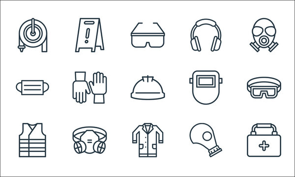 flat rescue and protective line icons. linear set. quality vector line set such as first aid kit, lab coat, vest, gas mask, safety mask, medical mask, welding ear protection, warning.