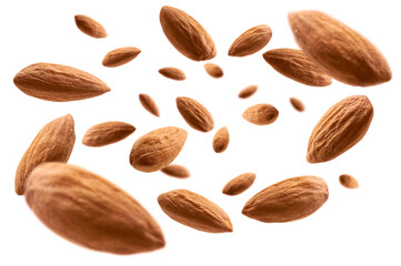 Almond nuts levitate on a white background
