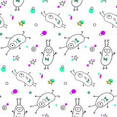 Vector seamless childish pattern with cute outline monsters aliens, space doodles. Background and texture for fabric, wrapping, wallpaper, textile, apparel, cover