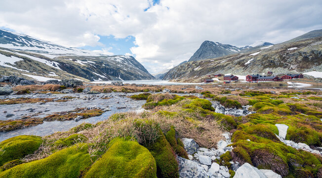 Panorama of Rondvassbu tourist cabins in Rondane national park, Rondane, Norway. Landscape and scenery concept.