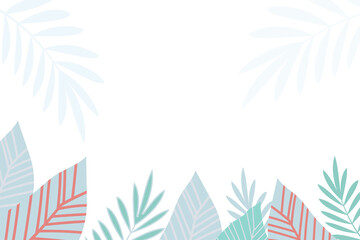 Fototapeta na wymiar Rectangular frame with palm leaves. Blue, pink, leaves on white background.