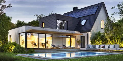 Fotobehang Night view of a beautiful modern house with solar panels and a swimming pool © slavun