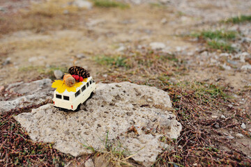 a small toy car minivan carries on the roof an acorn, a bump and a yellow leaf on the background of autumn trees and a Park. Autumn concept, space for text, copy space.