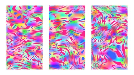 Iridescent psychedelic pattern background set. Versicolored templates, posters and cover designs. Vivid paint on canvas, full hd size