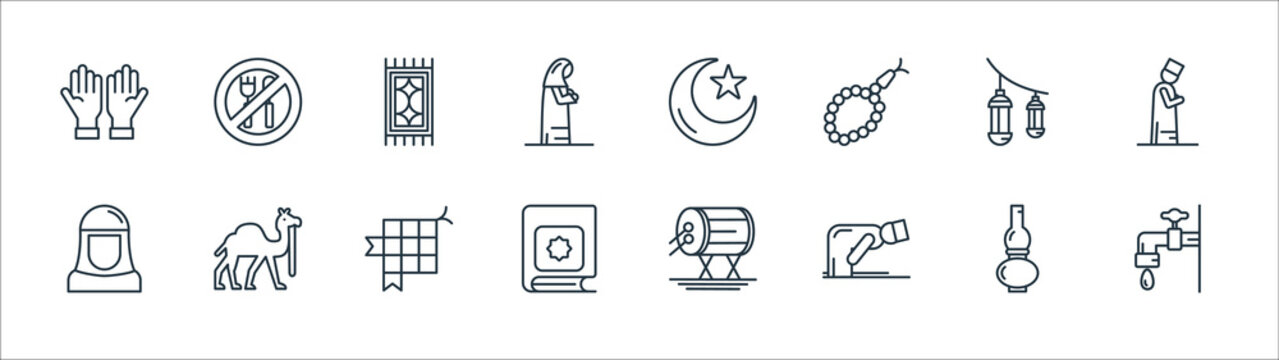 ramadan line icons. linear set. quality vector line set such as ablution, ruku, quran, muslimah, light, carpet, crescent moon, fasting.