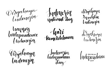 Vector set of isolated calligraphy logo of Indonesia Independence Day in Indonesian language for decoration and covering on the white background.