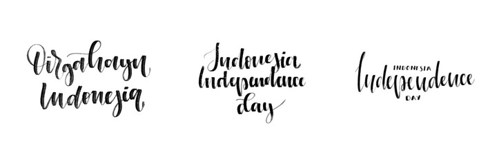 Vector set of isolated calligraphy logo of Indonesia Independence Day in Indonesian language for decoration and covering on the white background.