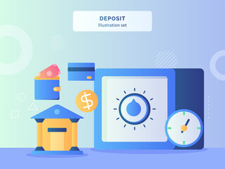 Deposit illustration set vault with secure password nearby clock bank office wallet bankcard with flat style.