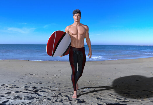 3D Render : The portrait of a young mesomorph man with a surf board, surfer male model