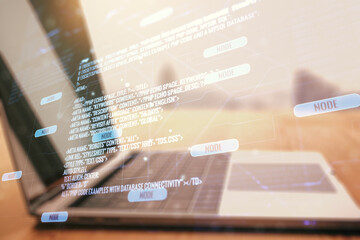 Multi exposure of abstract programming language hologram on computer background, artificial intelligence and machine learning concept
