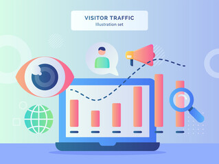 Visitor traffic illustration set statistic chart on monitor laptop background of globe eye focus megaphone with flat style.