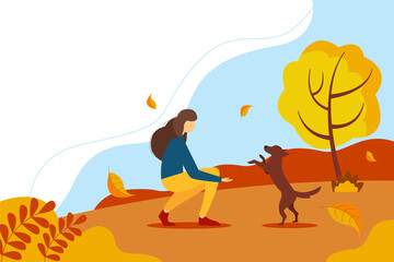 Obraz na płótnie Canvas Woman playing with a dog in the Park. Concept illustration of outdoor recreation. Autumn illustration in flat style.