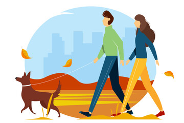 Woman and man walking with the dog in the Park. The concept of an active lifestyle, outdoor recreation. Cute autumn illustration in flat style.