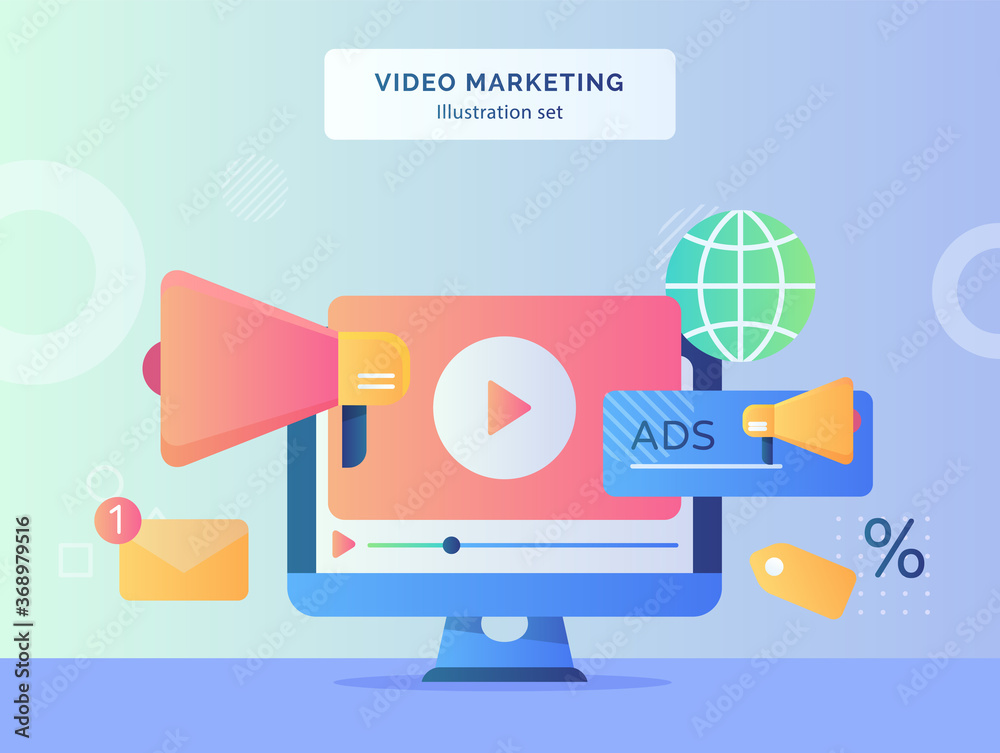 Wall mural video marketing illustration set video playing icon on display monitor computer background of megaph