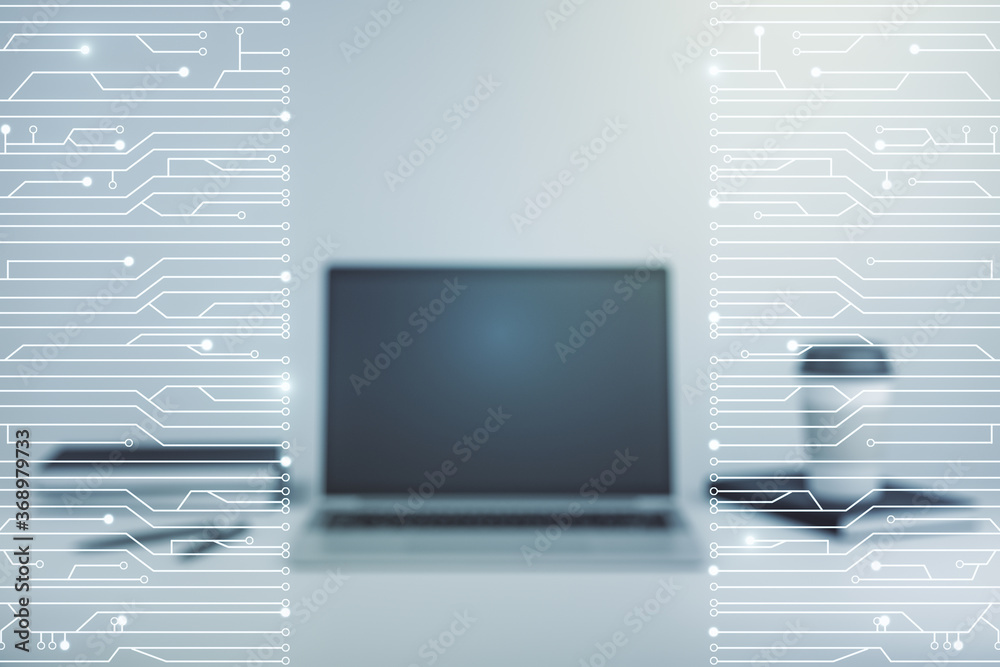 Poster Creative concept of microscheme illustration on modern laptop background. Big data and database concept. Multiexposure