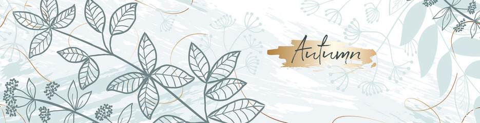 Fototapeta premium Hand drawn texture with leaves branch and plants. Abstract natural elements in trendy doodle style for holiday. Contemporary modern trendy vector banner, background, template, greeting card. Simple