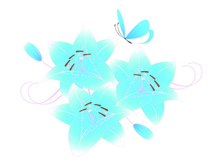 Floral background with blue lilies and butterfly.
