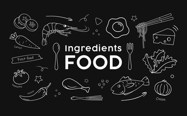 Vector Drawing food Ingredients, black and white on black background, illustration