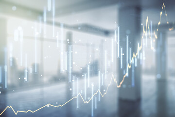 Multi exposure of virtual abstract financial diagram on abstract empty interior background, banking and accounting concept