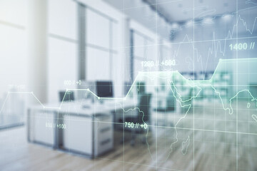 Multi exposure of stats data illustration on a modern furnished office background, computing and analytics concept