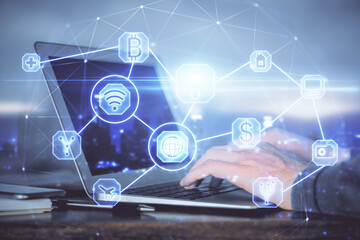 Social network theme hologram with businessman working on computer on background. Concept of world wide web. Multi exposure.