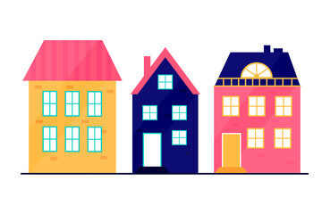 Set houses. A colorful street with bright houses. Cute illustration in a flat style.