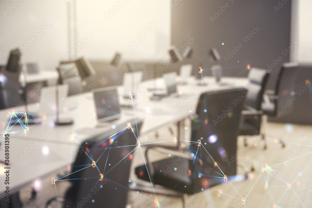 Poster double exposure of abstract virtual technology hologram on modern corporate office background. resea