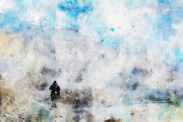 Abstract painting of solo trekker on mountain, digital watercolor illustration