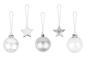 Silver Сhristmas tree decorations set white background isolated closeup, glass balls & metal stars hanging on thread collection, shiny baubles, traditional new year holiday design element, xmas toys