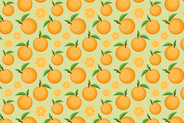 Fruit pattern on green background. Bright orange fruit background